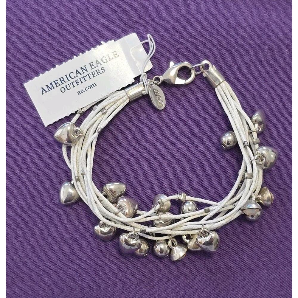 American Eagle Outfitters White Multistrand Bracelet Silver Tone Dangles New 6.5